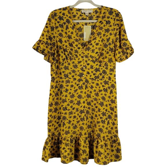 MS Michael Michael Kors Dress Women's Jasmine Yellow Black Floral Ruffled NWT 10 - Picture 1 of 14